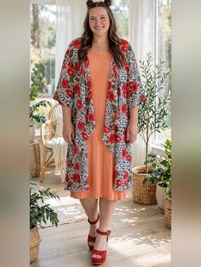 2 Piece Set - LuLaRoe Floral Rose Kimono Robe and Peach Slip Dress NWT